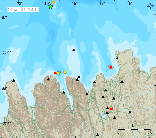 Green star at the edge of the image shows the location of Mw3,1 earthquake of Kolbeinsey island