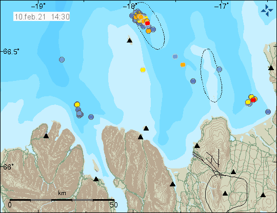 Earthquake activity east of Grímsey island shown by blue and orange dots on the map. The earthquakes are out in the ocean.