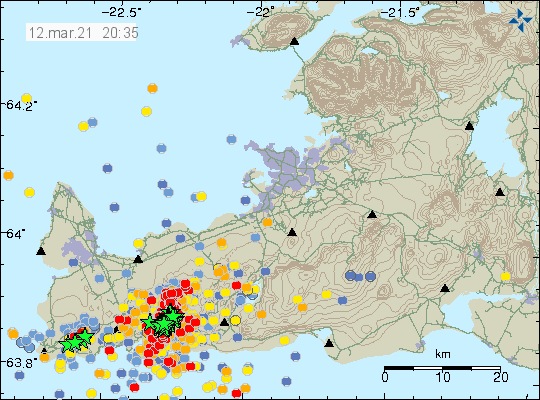 Dense earthquake activity on Reykjanes peninsula in the Fagradalsfjall or Krýsuvík volcanoes. A lot of green stars on the map