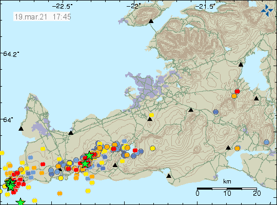 Earthquake activity in Reykjanes volcano off the coast of Reykjanestá shown by few green stars. A lot of earlier activity is in Fagradalsfjall mountain area.