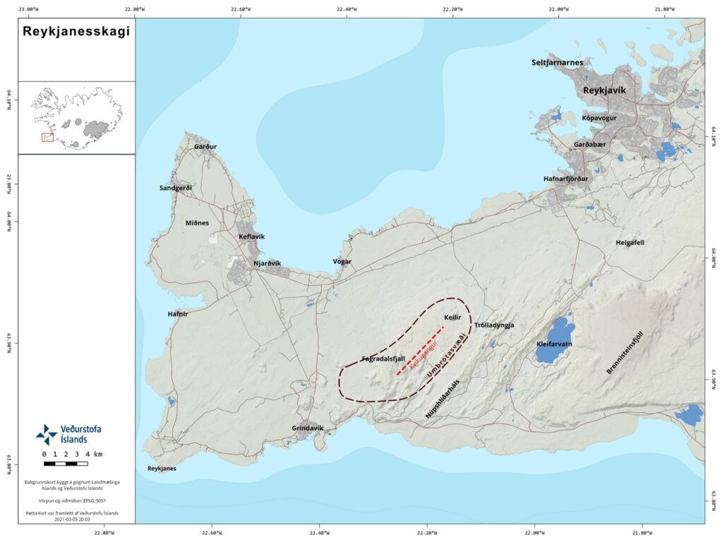 Dotted line showing the Fagradalsfjall volcano