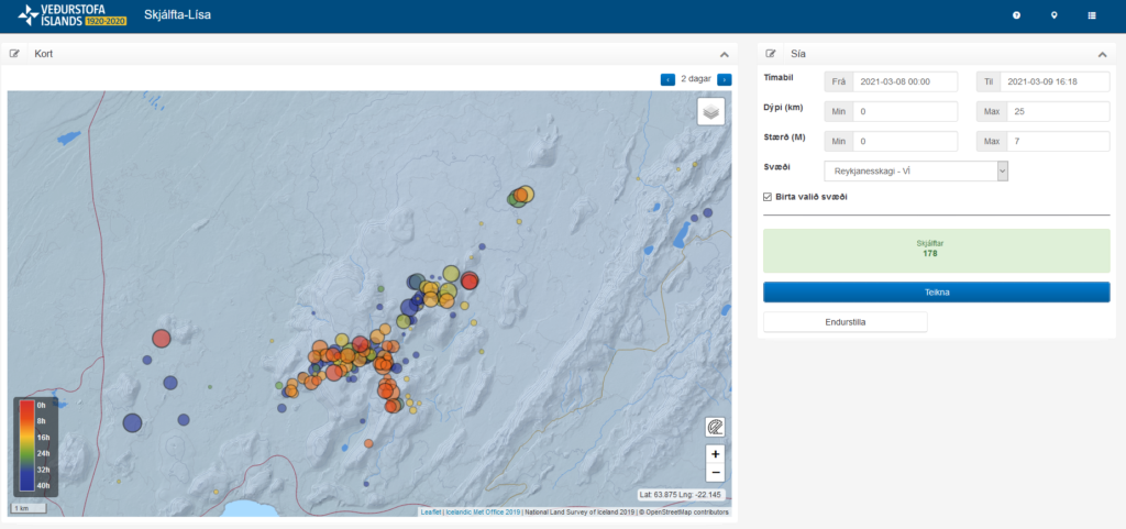 Earthquake activity in the volcano Fagradalsfjall. Dots on a generated map my a program called Skjálfta-Lísa shows the most recent earthquake activity from midnight until 16:18