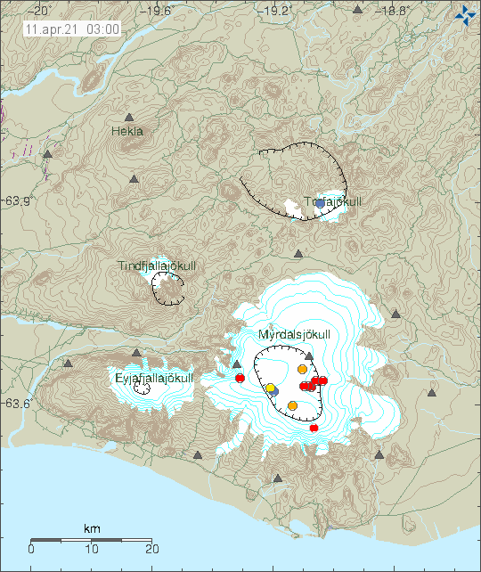 Earthquke activity in Katla volcano caldera rim and in east-west direction