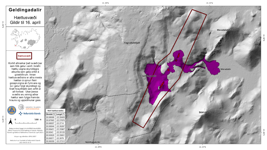 Map showing marked area that goes little south and north of the current erupting fissures in Fagradalsfjall. That area has been marked as dangerous by Icelandic Met Office. The map also shows the lava fields in purple.