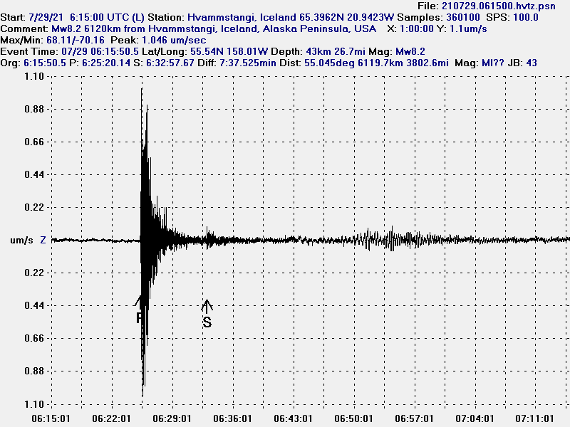 The Mw8,2 earthquake on a east-west direction. The P wave is the strongest followed by a small S wave and surface waves.