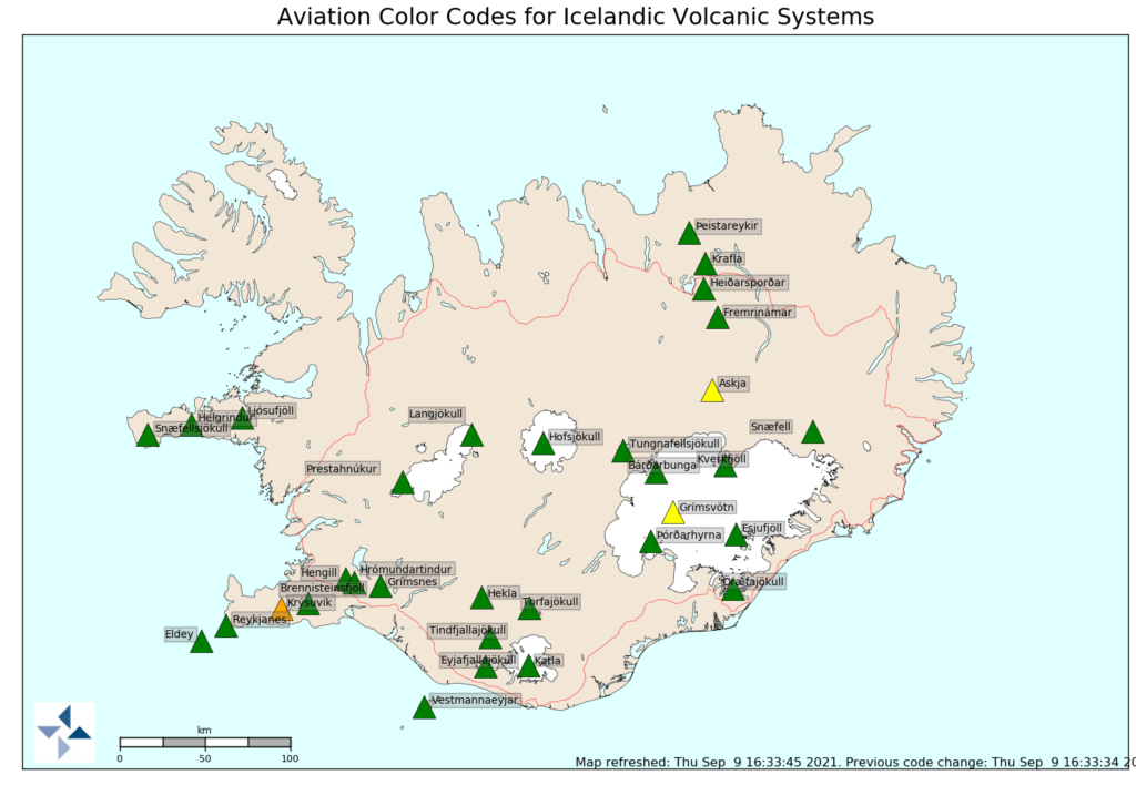 Green triangles shows most of the volcanoes in Iceland as green. Only Askja and Grímsfjall are yellow. Krýsuvík volcano is orange in colour.