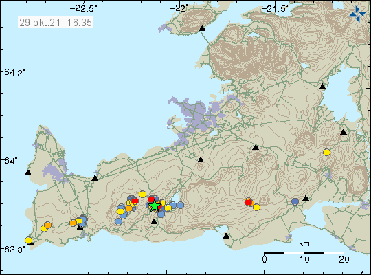 Earthquake activity west of Kleifarvatn lake. Two green stars on top of each other show the strongest earthquakes.