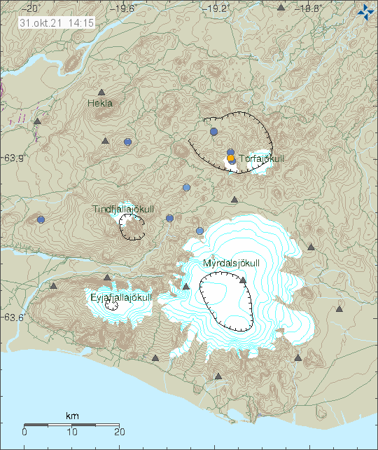 The volcano system of Torfajökull volcano north of Mýrdalsfjökull glacier. With few dots in it showing few poorly located earthquakes.