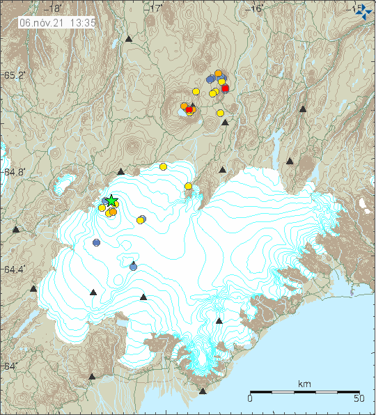 Green star in Bárðarbunga volcano shows the location of the Mw4,0 earthquake.