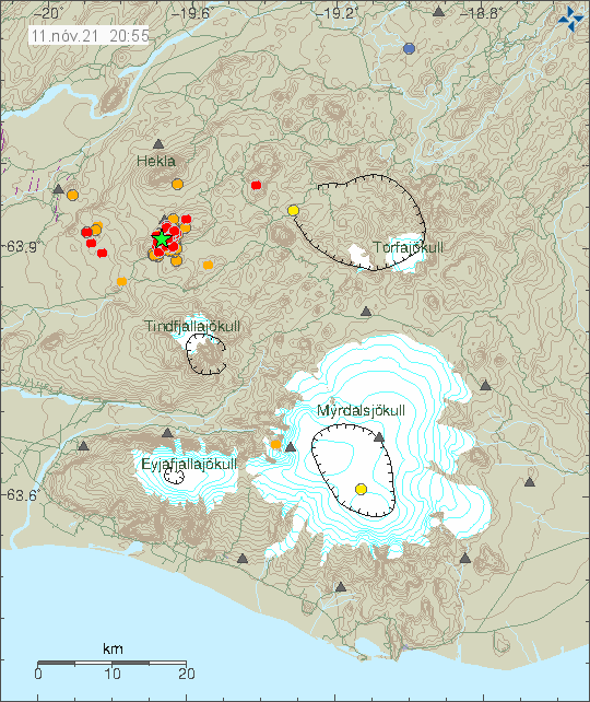Earthquake activity south of Hekla volcano shown with a group of red dots and a green star showing the largest earthquake.