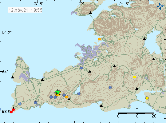 Earthquake activity on Reykjanes peninsula. Two new earthquakes on Reykjanestá, and green star not far from the mountain Keilir. Older smaller earthquaks are also stacked on top of each other on the map