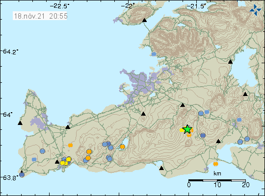 Green star north of Þorlákshöfn town in Brenninsteinsfjöll volcano. Dots of other earthquakes around the map.