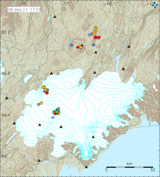 Earthquake activity in Grímsfjall volcano in the centre of Vatnajökull glacier. Green star shows the Mw3,6 earthquake