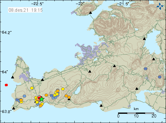 Earthquake activity north of Grindavík town shown with a lot of dots on the map. Green star shows the largest earthquake
