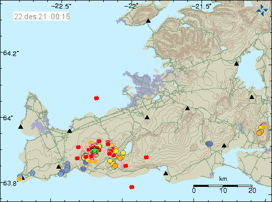 Earthquake activity in Fagradalsfjall, a lot of red dots, green star shows the largest earthquake