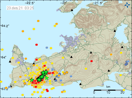 Dense earthquake activity on Reykjanes pensiula with lot of earthquakes and green stars and red dots