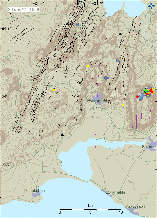 Green star on the far right on the map with few red dots, showing the earthquake activity in SISZ 
