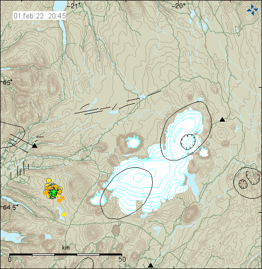 Two green stars west of Langjökull glacier with smaller earthquakes in the same area