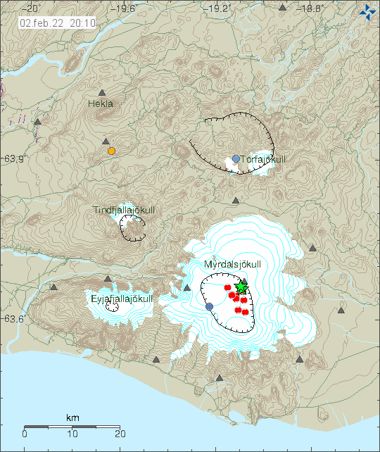 Earthquake activity in Katla volcano. A lot of red dots with two green stars on the calder rim