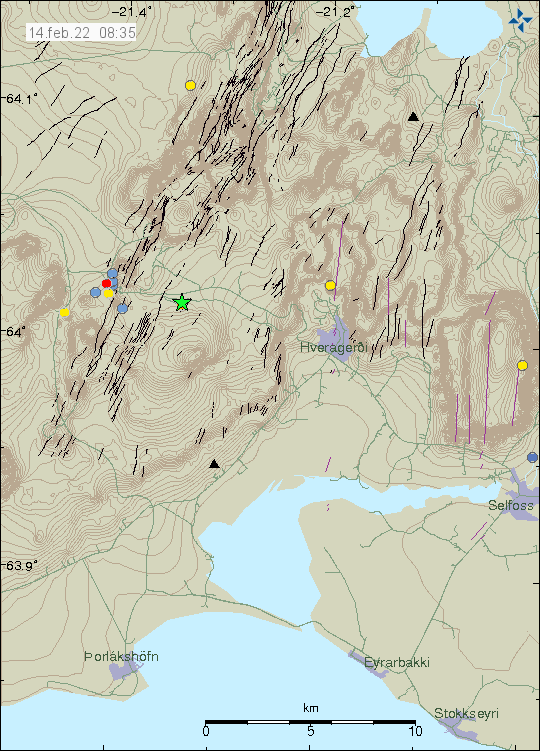 Green star close to main road 1 in Hengill volcano, showing the location of this earthquake