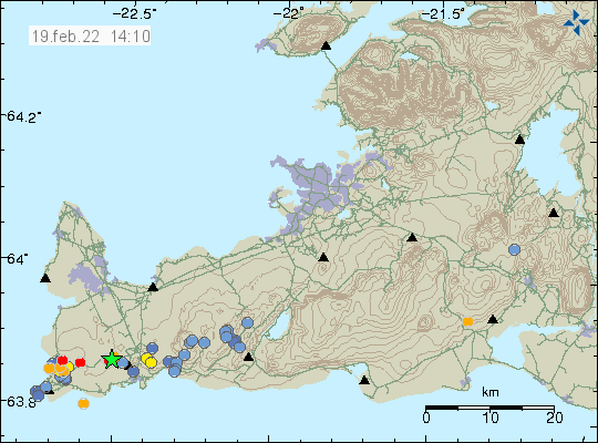Green star north west of Grindavík town, showing the earthquake activity in Reykjanes volcano
