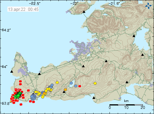 A lot of red dots showing the massive earthquake activity on Reykjanes peninsula in Reykjanes volcano, some of this earthquake activity extends into the ocean