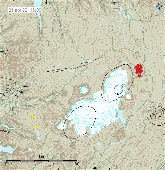 Red dots east of Langjökull glacier showing the earthquake activity in Hveravellir area