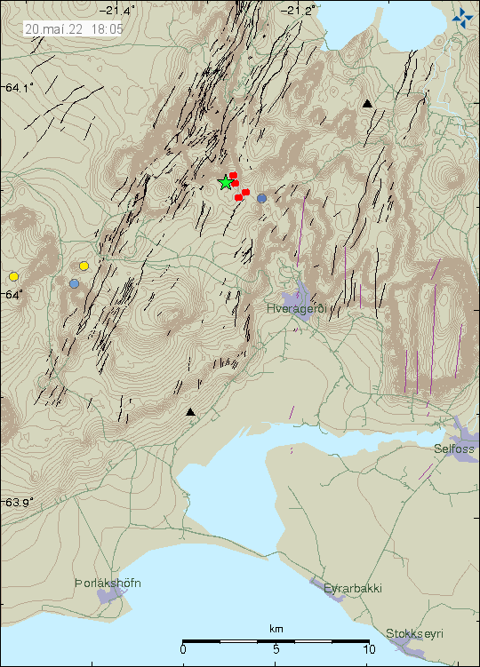 Green star in Hengill volcano, just north-west of Hveragerði town. Few red dots around the green star shwoing smaller earthquakes
