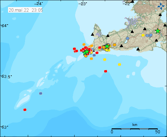 Green stars out in the ocean where the main earthquake swarm is taking place just off the coastline of Reykjanestá. This is in south-west direction 