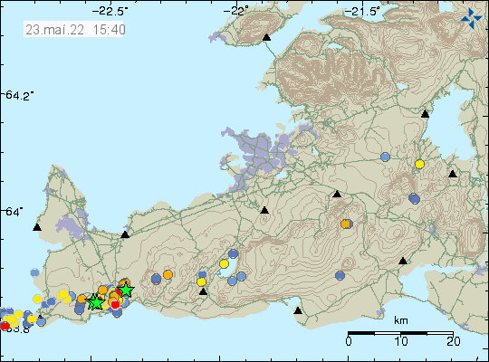 Green stars both north-east and north-west of Grindavík town along with several orange dots that show smaller earthquakes in the area