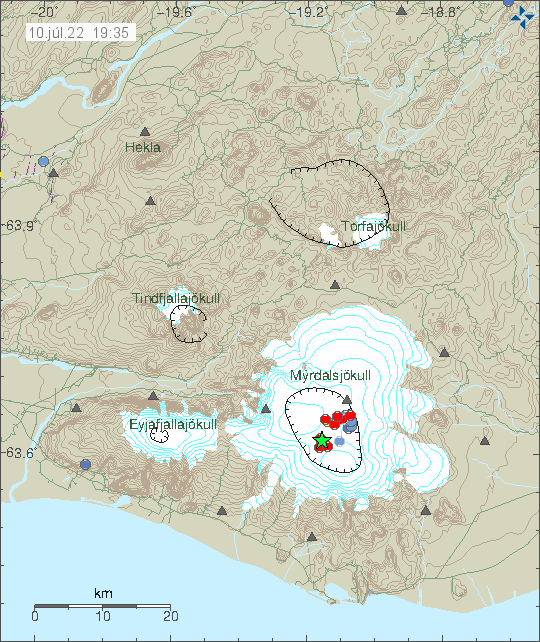 Red dots and a green star in Katla volcano caldera on Icelandic Met Office map