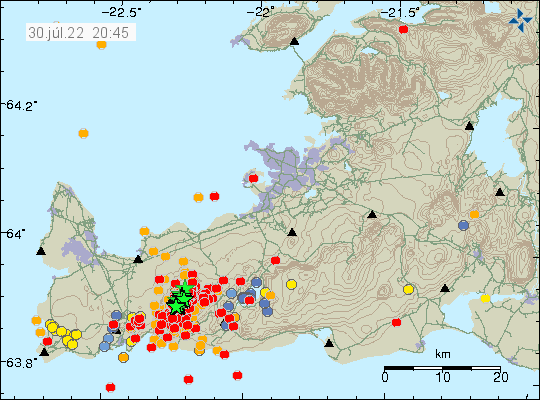 Dense earthquake swarm on Reykjanes pensinsula in Fagradalsfjalli mountain. Many green stars in a row in a swarm of red dots