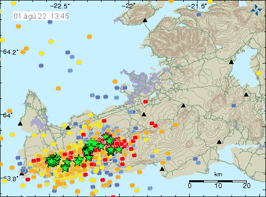 A lot of green stars on Reykjanes peninsula along with red dots that show the heavy earthquake activity that is now happening there