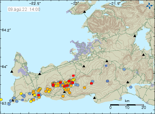 Orange and red dots over Kleifarvatn lake and close to Fagradalsfjall mountain. Showing considerable earthquake activity on Reykjanes peninsula, in the area that is now volcanic active