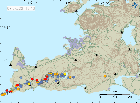 Earthquake activity in Fagradalsfjall volcano, Krýsuvík-Trölladyngja and Reykjanes volcano. Shown with red, orange and blue dots