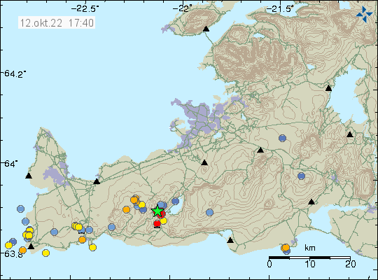 Green star with few red dots just west of Kleifarvatn lake, showing increase in activity in Krýsuvík-Trölladyngja volcano