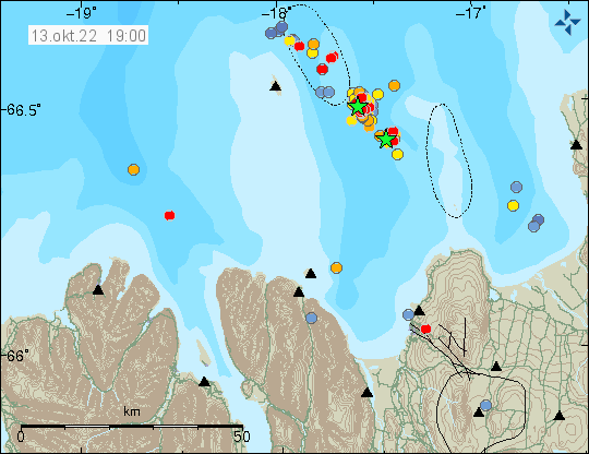 Red dots east and south of Grímsey island along with two green stars that show the largest earthquakes. On a blue background and the coastline is fjords and small peninsuals in north-eastern Iceland.