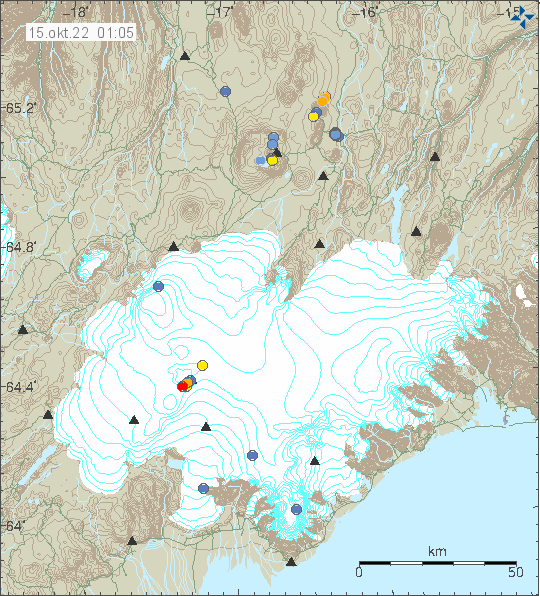 One red dot in Grímsfjall volcano in middle of Vatnajökull glacier shown by white area on the map
