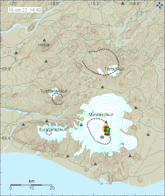 Two green stars and few red dots in Katla volcano caldera on the east side of the volcano under Mýrdalsjökull glacier