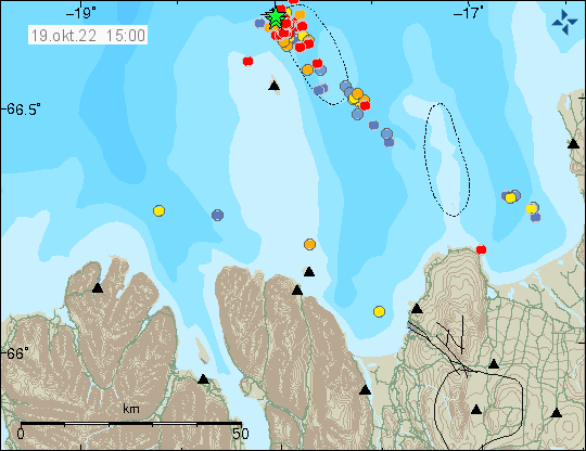Two green stars north of Grímsey island in Tjörnes Fracture Zone. This is out in the ocean far from land and populated areas.