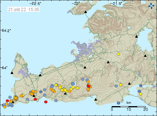 Red dots in Brennisteinsfjöll volcano on Reykjanes peninsula, located just south of Reykjavík city and east of Kleifarvatn lake. A lot of yellow and orange dots on the map in few volcanoes showing smaller earthquake activity