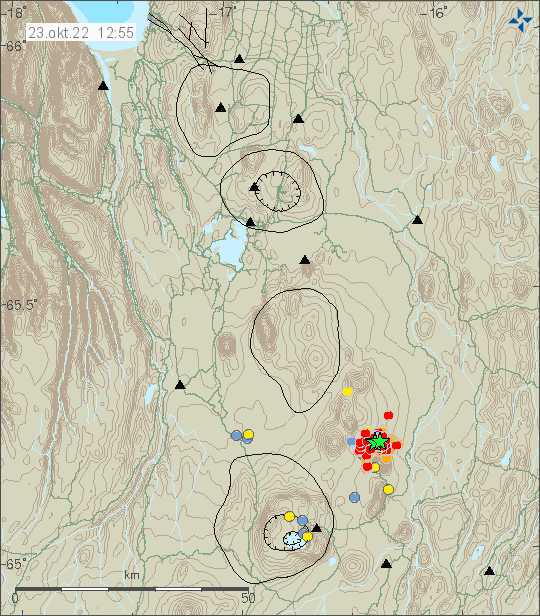 Earthquake swarm north of Herðubreið mountain, a lot of red dots and green stars on the map. Located east of Askja volcano and south of Herðubreiðartögl volcano
