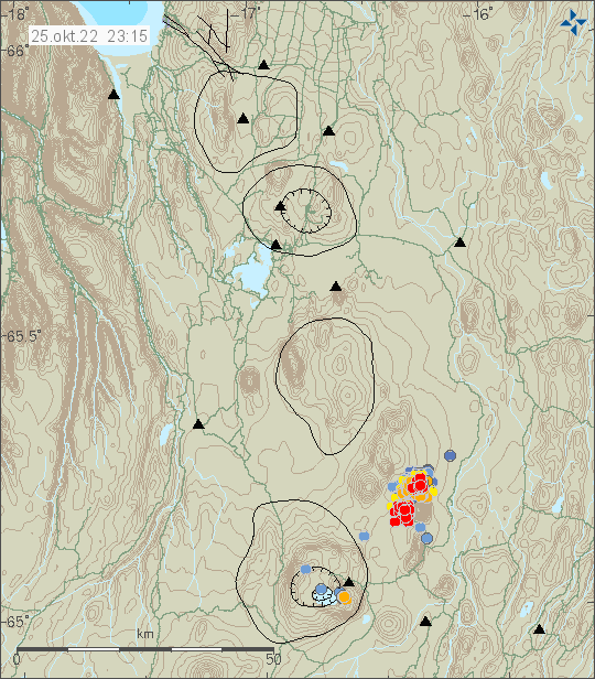 Two swarms of red dots show the location of the earthquake swarm east of Askja volcano and south of Herðurbreiðartögl volcano. The earthquake swarm is now west and north of Herðubreið mountain
