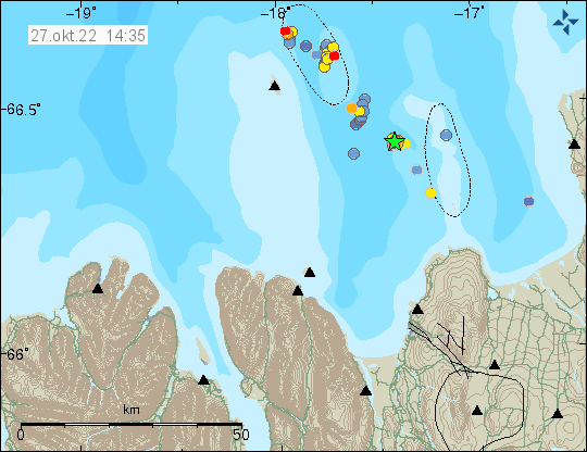 Green star south east of Grímsey island in the ocean. Where the magnitude Mw4,0 earthquake took place.