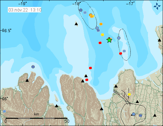 Green star out in the ocean south of Grímsey island, this is far from land so this earthquake was possibly not felt. Few red dots around the map showing smaller earthquakes that have also happened.