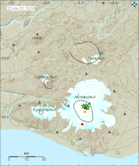 Three green stars in Katla volcano caldera along with few red dots that show smaller earthquakes.