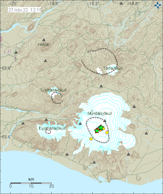 Two green stars in Katla volcano inside Katla volcano caldera. The green stars are on a line that is south-west and north-east. Few smaller earthquakes are also in the same area. Two yellow dots are also on the caldera, showing smaller earthquakes in Katla volcano.