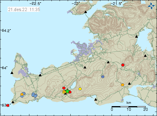 Green star with few red dots, south of Kleifarvatn lake. This earthquake swarm is in Krýsuvík-Trölladyngja volcano but on the edge of Fagradalsfjall volcano