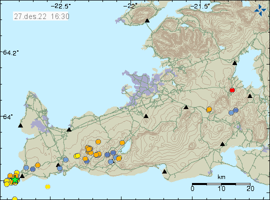 Orange dots in Fagradalsfjall volcano, showing the small earthquakes that happen in Fagradalsfjall volcano today.