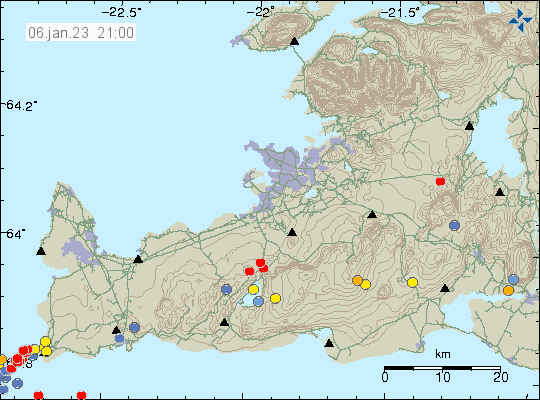 Red dots at the end of Reykjanes peninsula, out in the ocean showing smaller earthquakes that have been taking place. Also red dots in Krýsuvík volcano (not covered by this article)